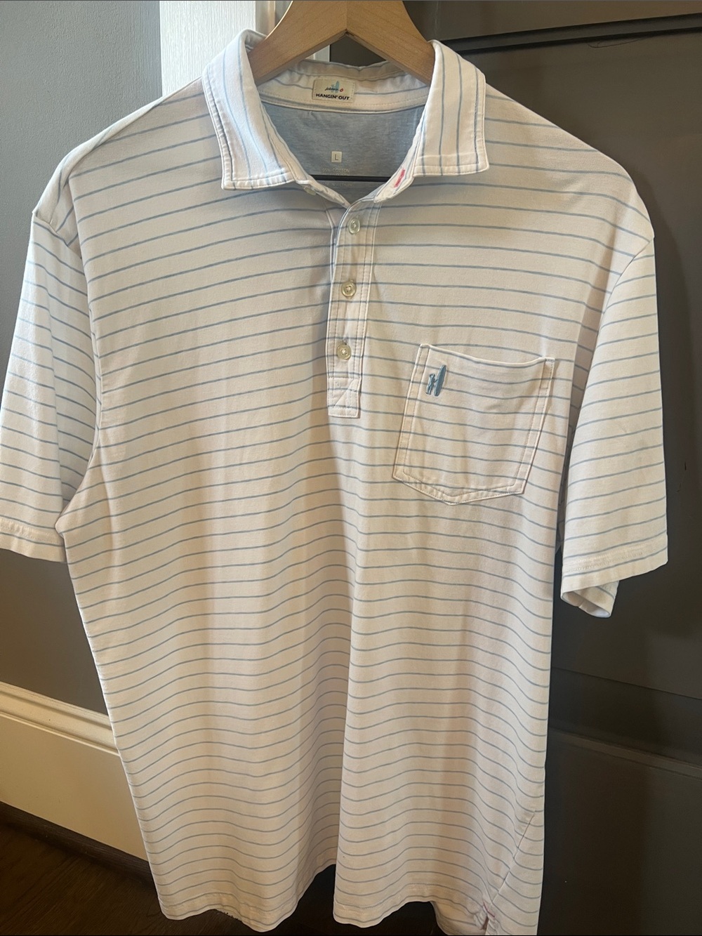 johnnie-O White Polo with Light Blue Pinstripes